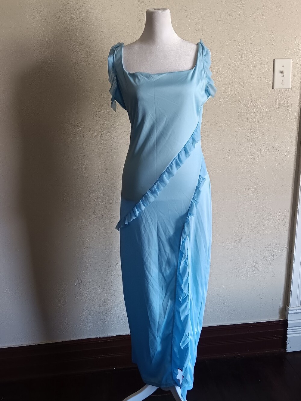 Light Blue Ruffle Trim Maxi Slip On Dress, Approx Small Fairy Fairycore Costume